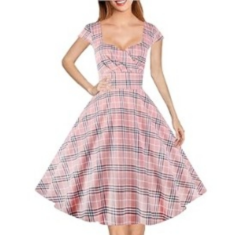 Elegant Pink Plaid Cap Sleeve 1950s Retro Vintage Cocktail Dress